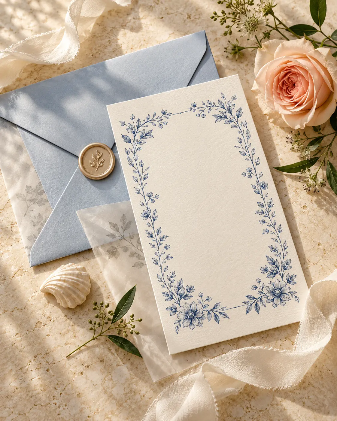 Illustratives Papeteriebeispiel mit blauem Umschlag und botanischen Details